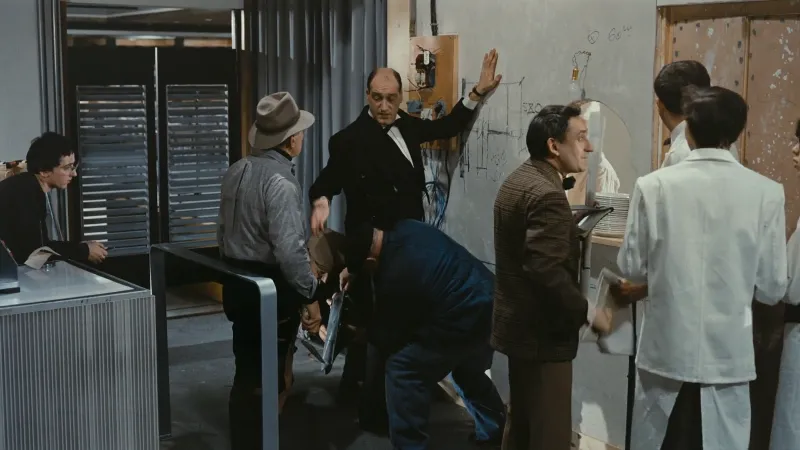 still from Playtime (1967) showing a restaurant under construction